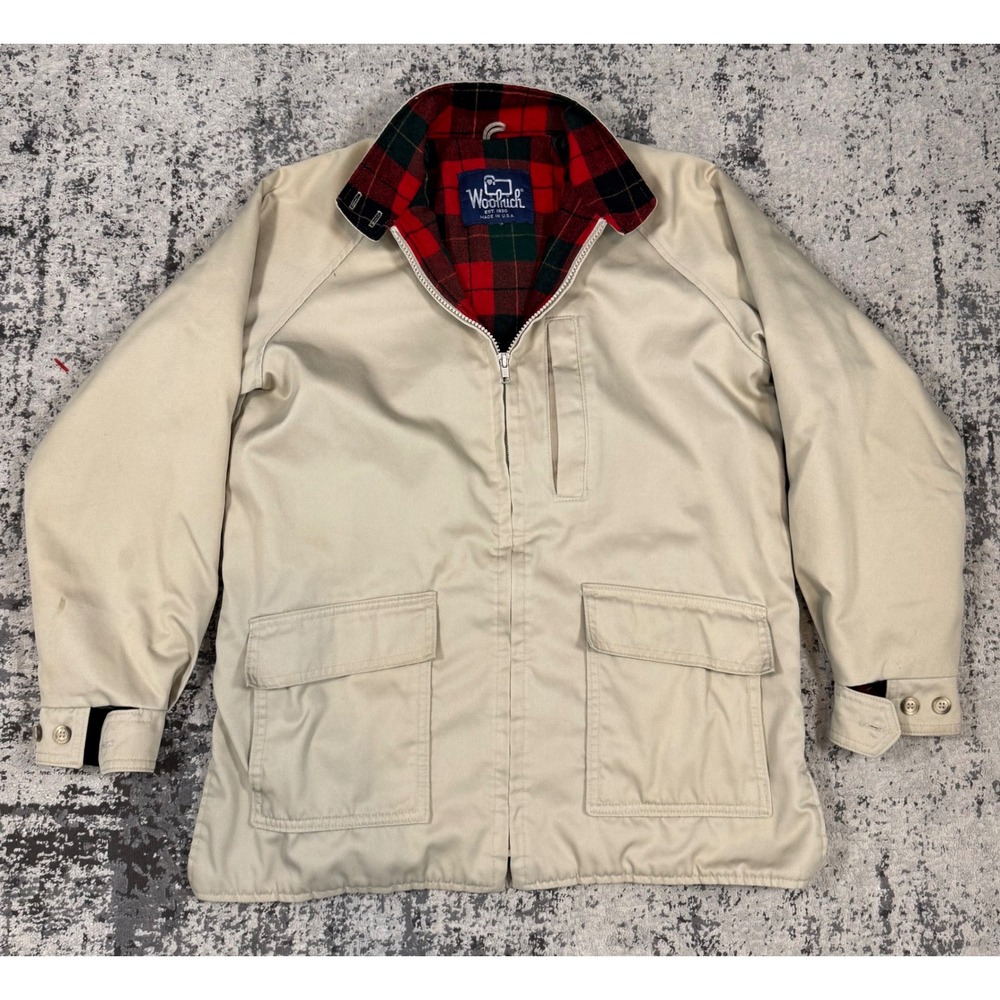 Woolrich Mens XL Tan Plaid Lined Field Jacket Full Zip Made in‎ USA Good